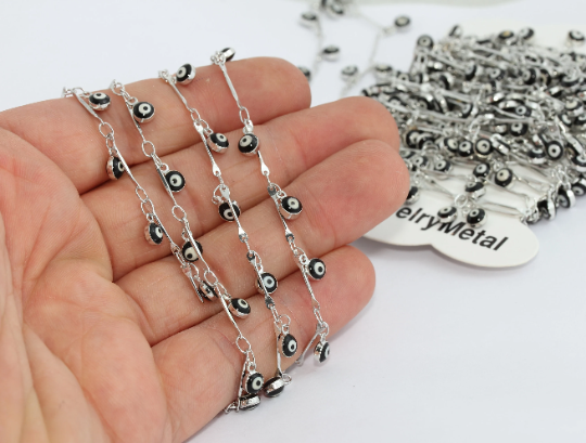 4x6mm Rhodium Plated Evil Eye Chain, Beaded Chains, Drop Bar BXB195