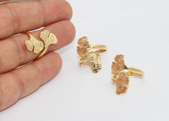 24k Shiny Gold Ring, Gingko Biloba Leaf Ring, Maidenhair , MTE1207
