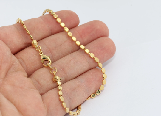 17'' 2,5mm 24k Shiny Gold Necklace, Beaded Chain, Ready  BXB329