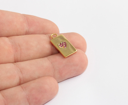 11x21mm 24 Ayar Parlak Altın Kalp Kolye, Dikdörtgen, Mor MLS682