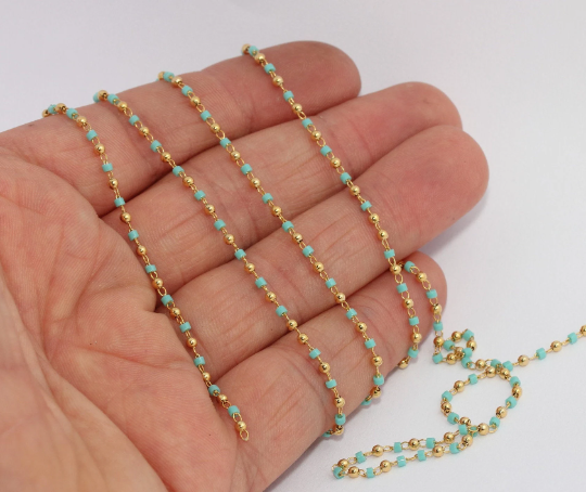 2mm 24k Shiny Gold Turquoise Beaded Chains, Gold Ball Chain, BXB325