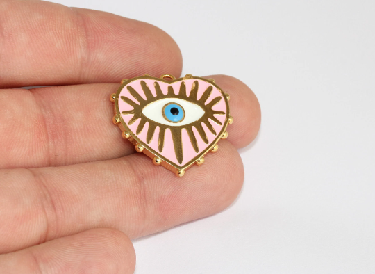27x28mm 24k Shiny Gold Heart, Pink Enamel Charms, MLS780