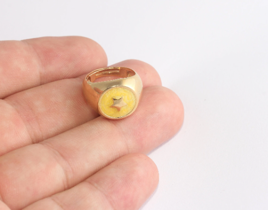 16-17mm 24k Shiny Gold Star Rings, Yellow Enamel Round XP311