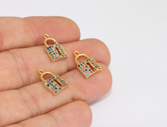 11x15mm 24 Ayar Parlak Altın Kilitli Tılsımlar, CZ Kilitli Boncuklar, MLS105