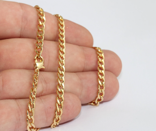 17" 24k Shiny Gold Curb Necklace, Ready Made Necklace, CHK462-1