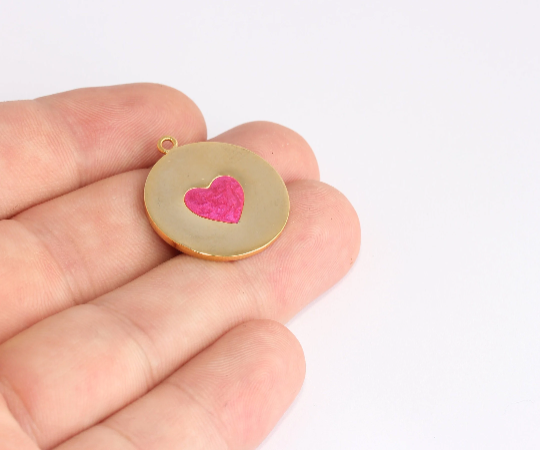 Ciondolo a forma di cuore in smalto lucido oro 24k 23x27 mm, cuore in oro MTE497