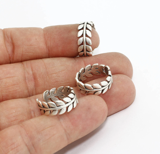 16-17mm Antique Silver Flower Rings, Silver Leaf Ring, Brass AG58