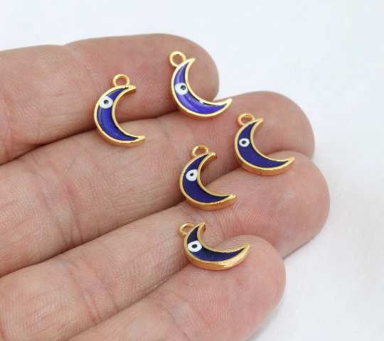8x14mm 24k Shiny Gold Moon Charms, Evil Eye Beads, HRN72
