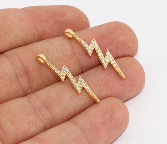 6x25mm 24k Shiny Gold CZ Thunder, Micro Pave Lightning, Gold Plated Findings,  MLS1095