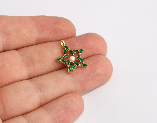 18x21mm 24k Shiny Gold Star, Green Baguette Stone ,Gold SLM199