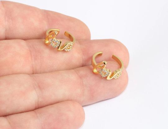 16mm 24k Shiny Gold Micro Pave Love Rings, CZ White Stone Heart Rings, Love Text Rings, MLS683