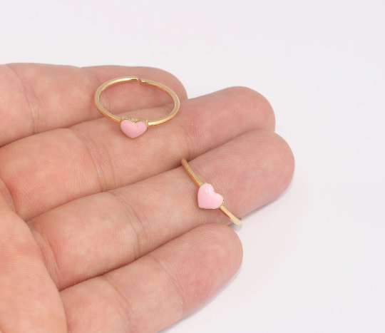 18-19mm 24k Shiny Gold Heart Rings, Pink Enamel Heart SLM284