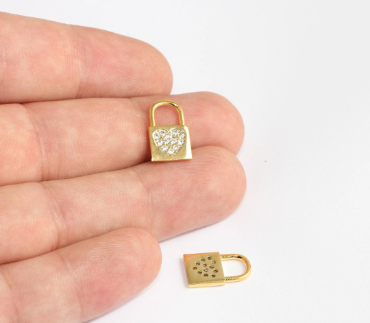 10x16mm 24k Shiny Gold Heart Lock Charms, CZ Lock Beads, MLS702