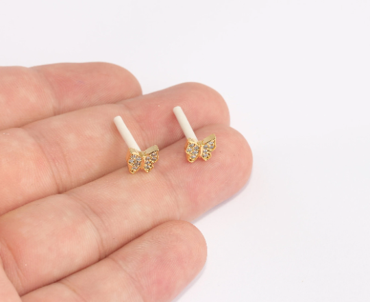7,5x9mm 24k Shiny Gold Stud Earrings, Micro Pave Gold SLM401