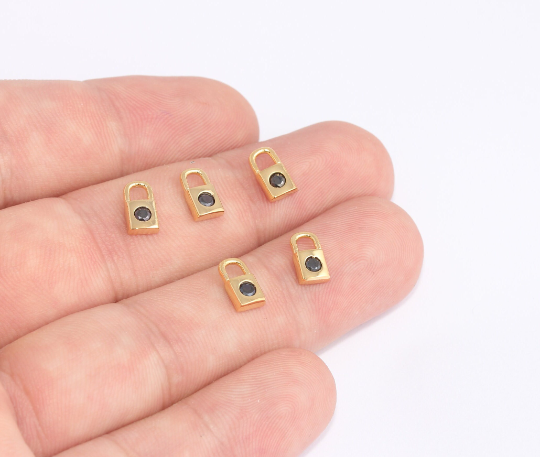 5x9mm 24k Shiny Gold Lock Charms, Micro Pave Lock Beads, SLM420