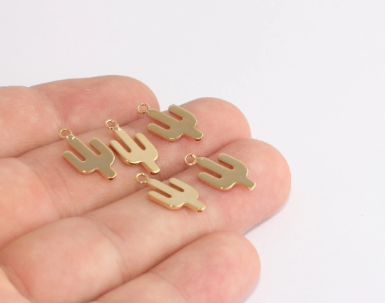 9x17mm 24k Shiny Gold Cactus Charms, Tiny Cactus Beads XP235