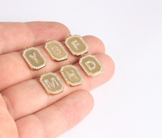 11x17mm 24k Shiny Gold Letter Charms, CZ Square Letter ,     HRF69