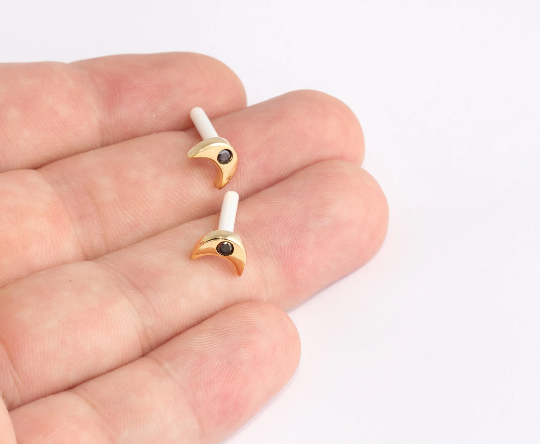 CZ Mini Moon Studs, Black Stone Moon