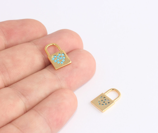 10x16mm 24k Shiny Gold Heart Lock Charms, CZ Lock Beads, SLM552