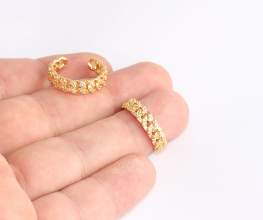 16-17mm 24k Shiny Gold Chain Rings, Micro Pave Chain Style, SLM687