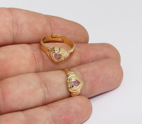 17-18mm 24k Shiny Gold Heart Ring, Micro Pave Heart Rings, MLS289