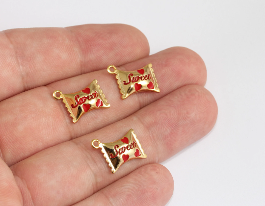13x15mm 24k Shiny Gold Candy Charms, Red Enamel SLM42