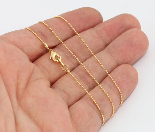 19'' 1mm 24k Shiny Gold Ball Necklace, Ball Necklace Chains, CHK315