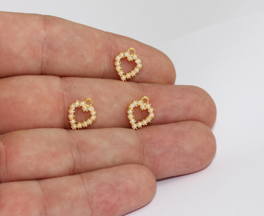 10x12mm 24k Shiny Gold Pearl Heart, Micro Pave Heart MLS275