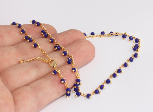 18'' + 2'' 24k Shiny Gold Necklace, Blue Beaded Necklace, CHK732-1