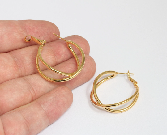 30x35mm 24k Shiny Gold Plated Hoop Earrings, Double Hoop CHK604