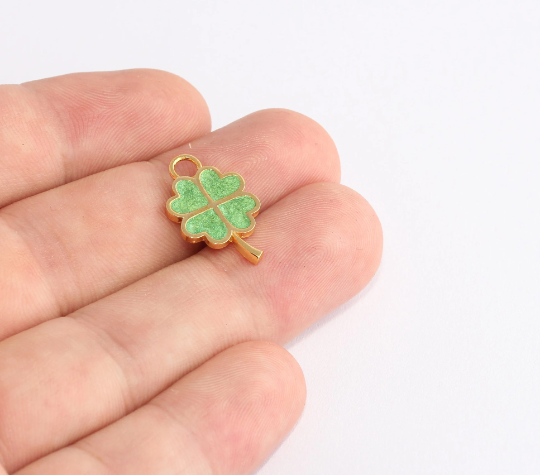Ciondoli a forma di fiore in oro lucido 24k, 13x22 mm, smalto verde SLM844