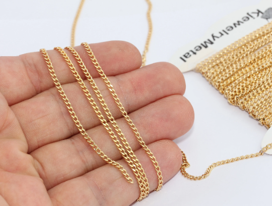 2mm 24k Shiny Gold Curb Chain, Soldered Chains, Cable        BXB129