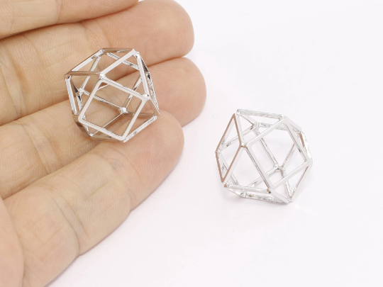 17 mm Gümüş Kaplama Açık Küp Charm, 3D Küp Charmlar, CHK311-1