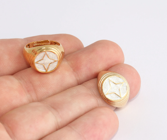17-18mm 24k Shiny Gold Rings, White Enamel Round Rings, XP165