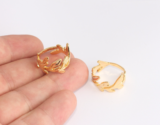 18mm 24k Shiny Gold Flower Rings, Leaf Rings, Gold Laurel SLM653