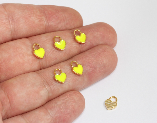 7x9mm 24k Shiny Gold Heart, Yellow Heart Pendant, Enamel MLS1040