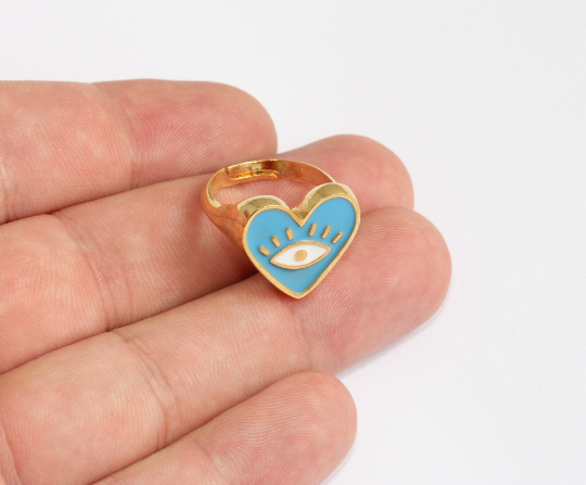 17-18mm 24k Shiny Gold Heart Rings, Turquoise Enamel Eye MLS1133