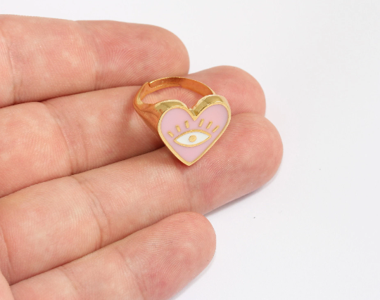 17-18mm 24k Shiny Gold Heart Rings, Light Pink Enamel MLS1138