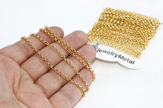 3mm 22k Shiny Gold Rolo Chain, Soldered Chain, Bulk Lot, Rolo BXB84