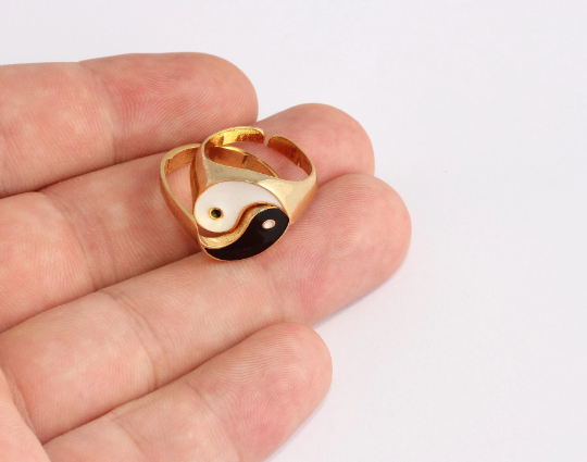 17mm 24k Shiny Gold Rings, Double Yin Yang Ring, Black SLM258