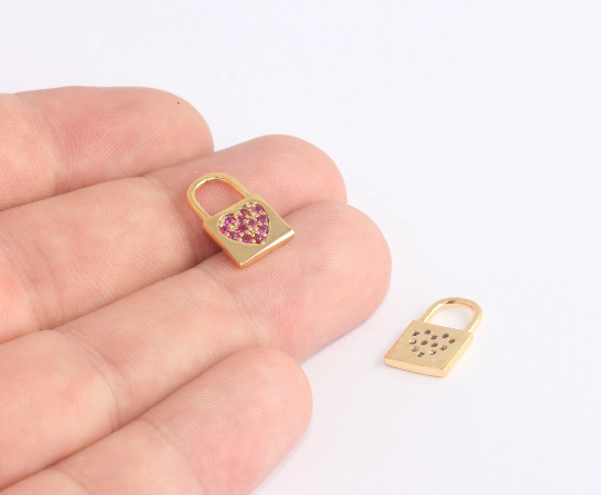 10x16mm 24k Shiny Gold Heart Lock Charms, CZ Lock , Gold SLM559