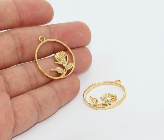 26x30mm 24k Shiny Gold Medallion, Rose Flower Gold, MTE1370