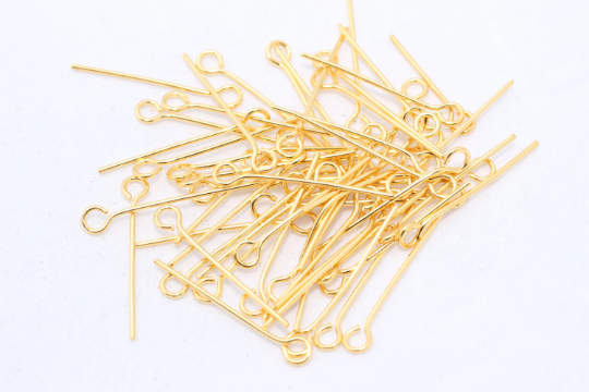 0,85x40mm Eye Pins 24k Shiny Gold Plated , Gold, Plated  TBP30