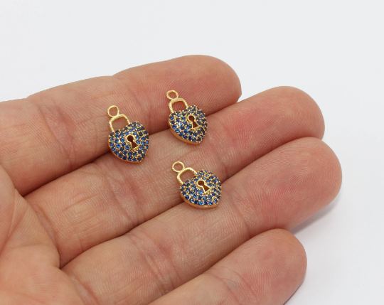 9x14mm 24 Ayar Parlak Altın Kalp Kilitli Tılsım, CZ Kilitli Boncuklar, ZRCN154