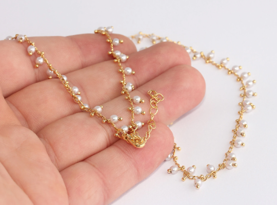 18'' +2'' 24k Shiny Gold Necklace, White Beaded , CHK135-3