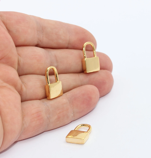 '11x17mm 24k Shiny Gold Padlock Charms, Mini Lock, MTE1250