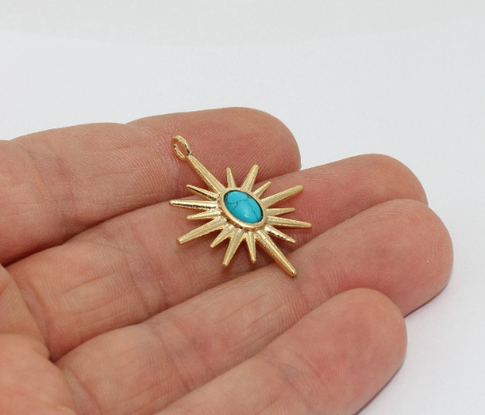 25x32mm 24k Shiny Gold North Star Charm, Turquoise Stone Star, BRT811