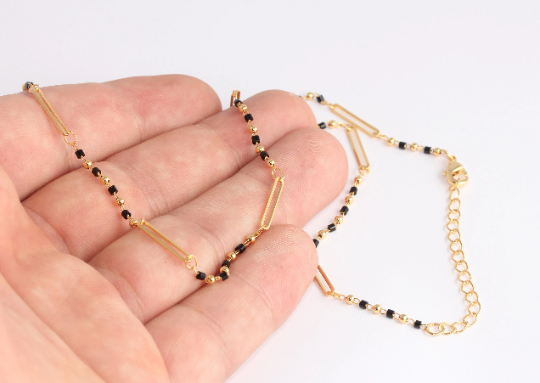 17'' 24k Shiny Gold Necklace, Black Beaded Necklace, Ready CHK677