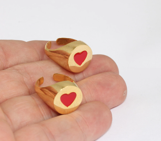 24k Shiny Gold Heart Rings, Enamel Heart Ring, Adjustable MLS143