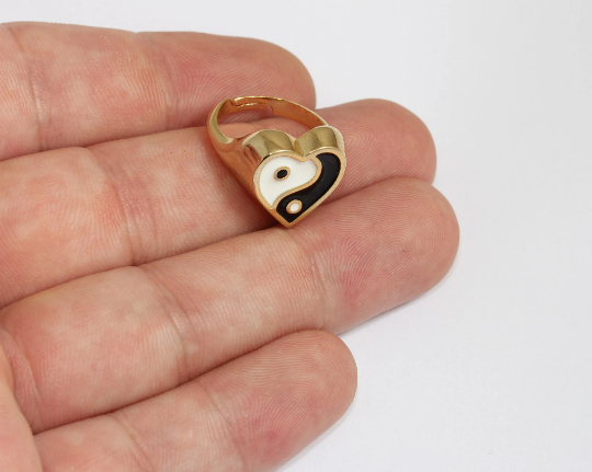 17-18mm 24k Shiny Gold Heart Rings, Enamel Yin Yang Rings, MLS1035